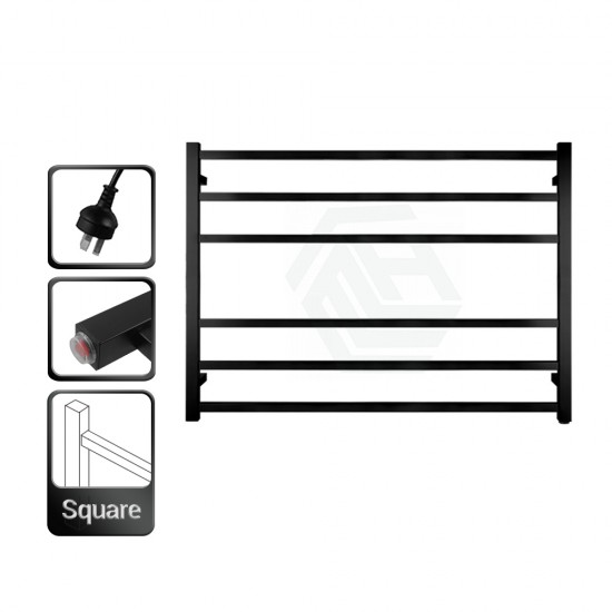 600x850x120mm Square Matt Black Electric Heated Towel Rack 6 Bars